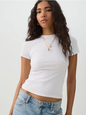 White Short Sleeve Ribbed Crewneck T-shirt